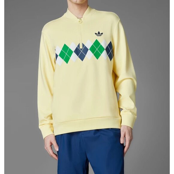 adidas Golf Originals Argyle Quarter Zip Pullover Sweatshirt Yellow Small Preppy